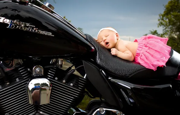Sleep, motorcycle, girl, headband, baby, skirt, Harley-Davidson, sleeping