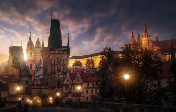 Picture the city, lights, the evening, excerpt, Prague, Czech Republic