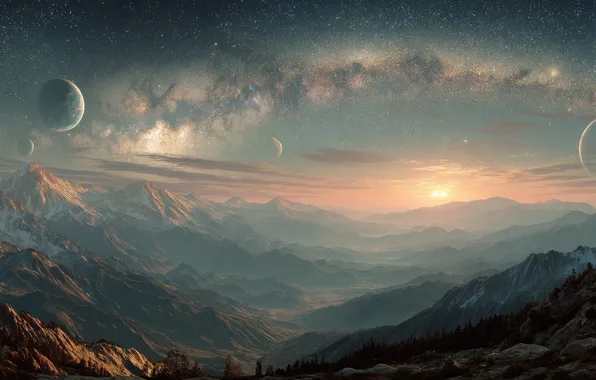 Space, stars, mountains, fog, rocks, the slopes, tops, planet
