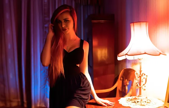 Table, the evening, dress, lamp, curtains, floor lamp, red hair