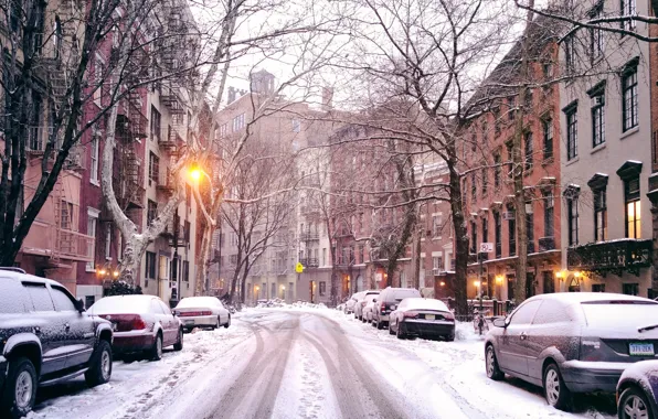 Winter, road, light, snow, trees, machine, the city, street