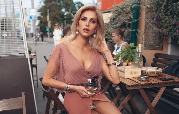 Picture look, girl, style, wine, model, glass, cafe, restaurant