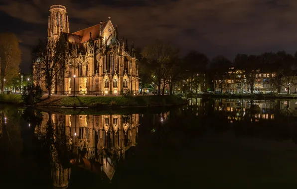 The sky, clouds, trees, landscape, night, the city, lights, darkness