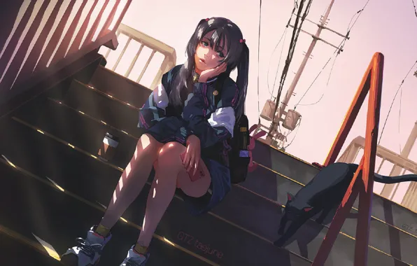 Street, wire, post, railings, phone, schoolgirl, sitting, backpack