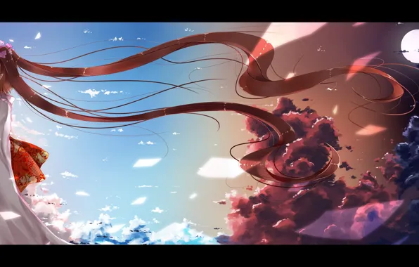 The wind, Japan, girl, kimono, long hair, in profile, Touhou Project, Project East