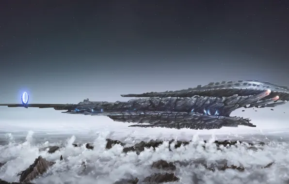 Clouds, Mountains, Ship, Fantasy, Art, Spaceship, Fiction, Spaceship