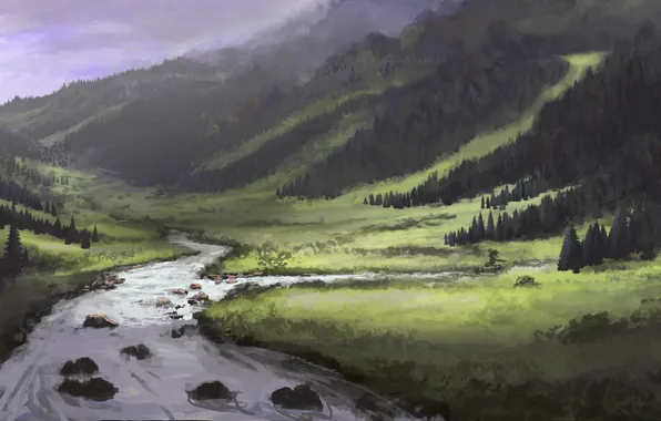 Forest, trees, river, hills, valley, art