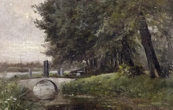 Picture trees, bridge, river, picture, Carlos de Haes, Landscape in Nijmegen