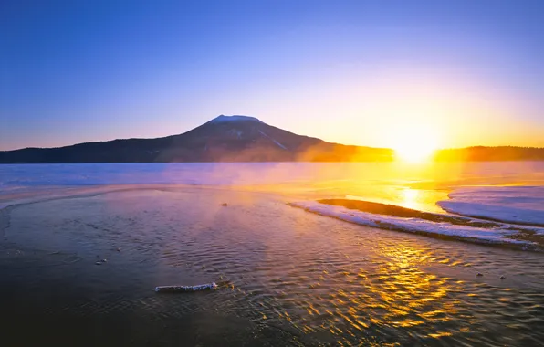 The sun, lake, sunrise, mountain, Japan, Hokkaido