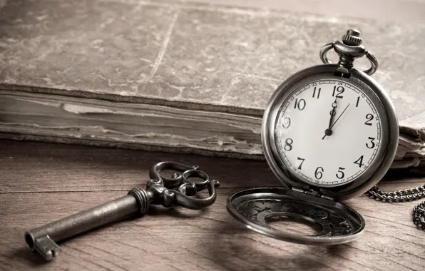 Picture watch, key, book, bokeh, pocket watch