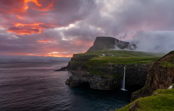 Sea, the sky, grass, clouds, sunset, mountains, clouds, fog