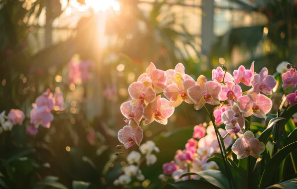 Leaves, the sun, rays, light, flowers, plants, window, pink