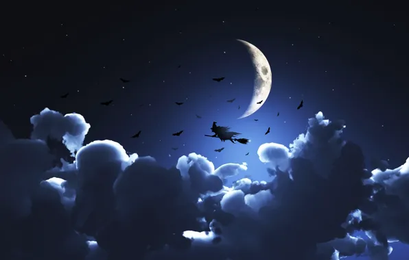 Clouds, Night, The moon, Witch, Halloween, Halloween, Flight, Moonlight