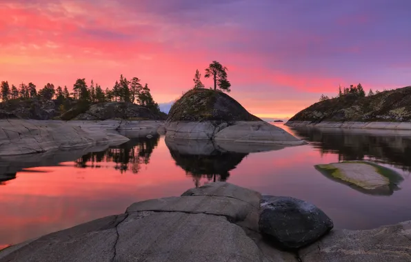 Picture trees, landscape, nature, lake, stones, dawn, morning, Lake Ladoga