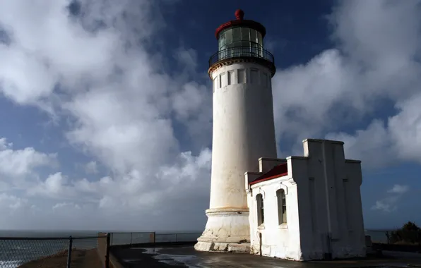 Picture the sky, the ocean, shore, the fence, lighthouse, horizon