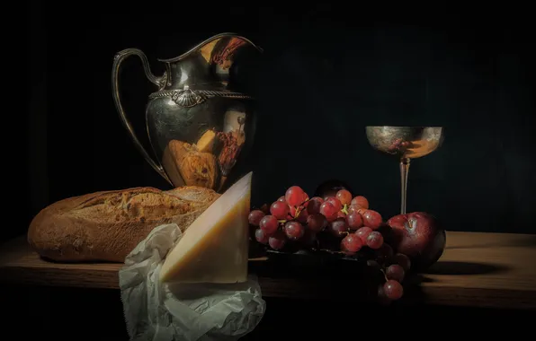 Glass, cheese, bread, grapes, pitcher, still life, black background