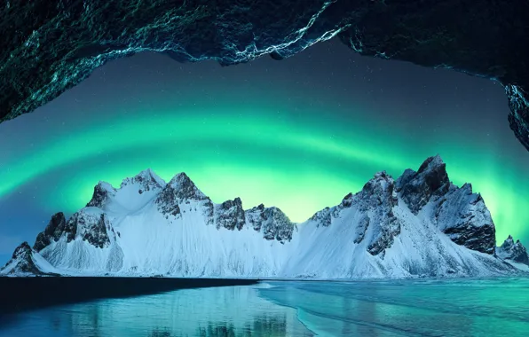 Night, beauty, Northern lights, rocky mountains, night, beauty, northern lights, seashore