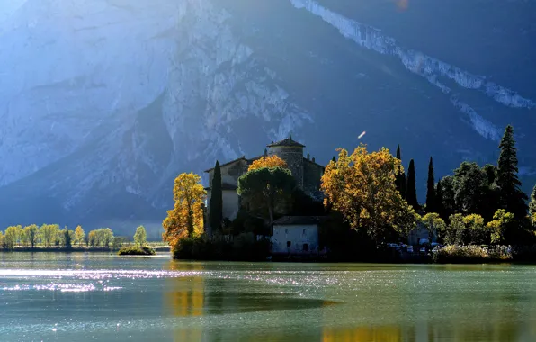 Autumn, trees, mountains, river, castle, Nature, Italy, river