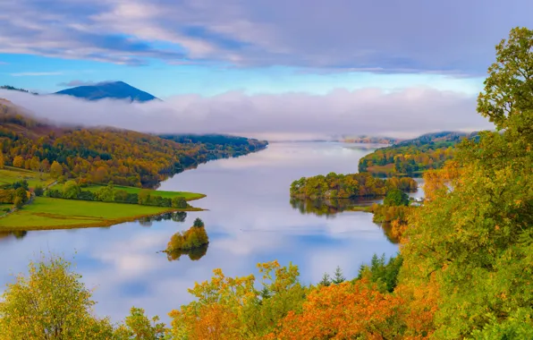 Autumn, clouds, trees, lake, Scotland, Scotland, Perthshire, Schiehallion