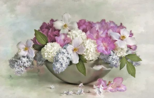 Flowers, background, bouquet, petals, art, pink, white, painting