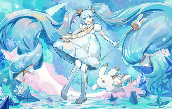 Picture Hatsune Miku, Vocaloid, girl, rabbit, winter