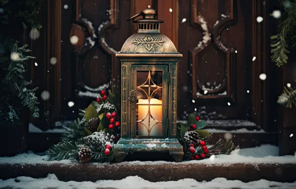 Picture winter, snow, decoration, night, New Year, Christmas, lantern, light