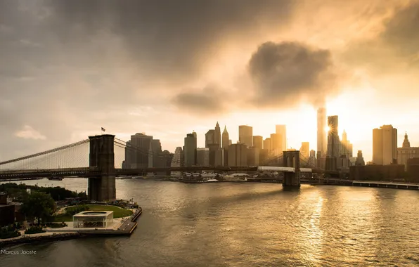 Bridge, the city, reflection, Manhattan, New York City, World Trade Center, Manhattan Bridge, East river