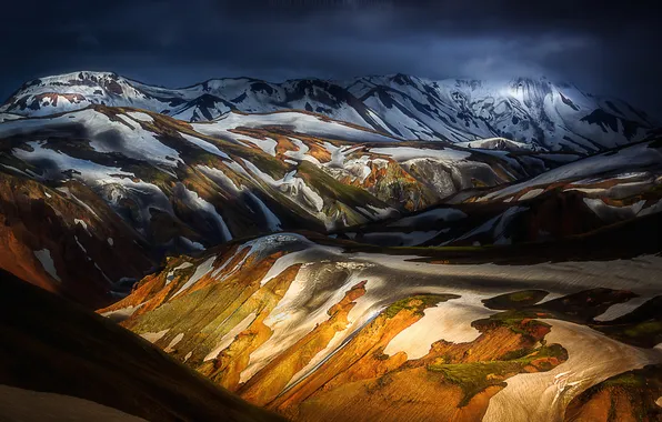 Light, snow, mountains, hills, shadows, Iceland