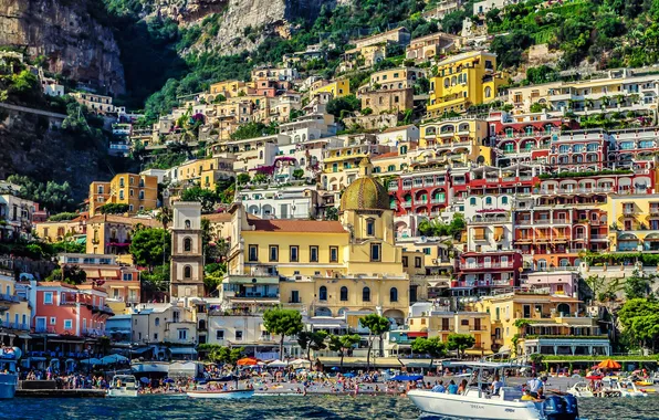 Beach, rocks, building, boat, Italy, Italy, Amalfi, Amalfi