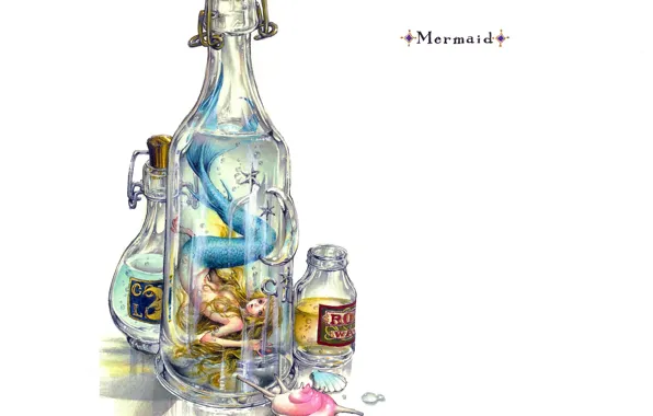 Bubbles, mermaid, scales, white background, shell, prisoner, in the bottle, mermaid