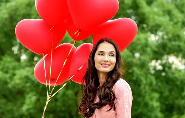 Picture greens, girl, trees, red, smile, background, makeup, dress