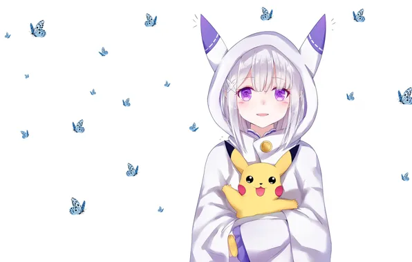 Picture anime, art, Emilia, Pikachu