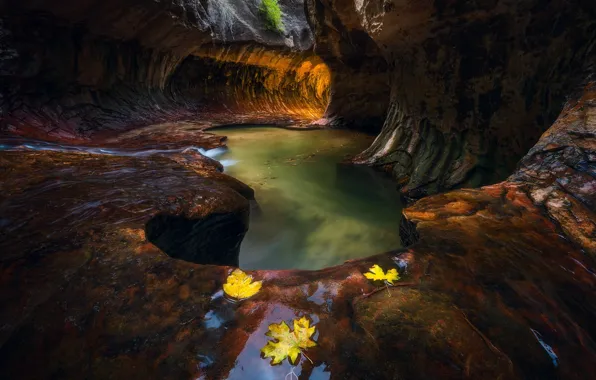 Picture autumn, river, stones, rocks, foliage, stream, cave, the grotto