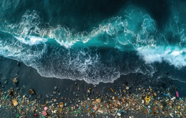 Sea, wave, landscape, stones, garbage, shore, surf, ecology