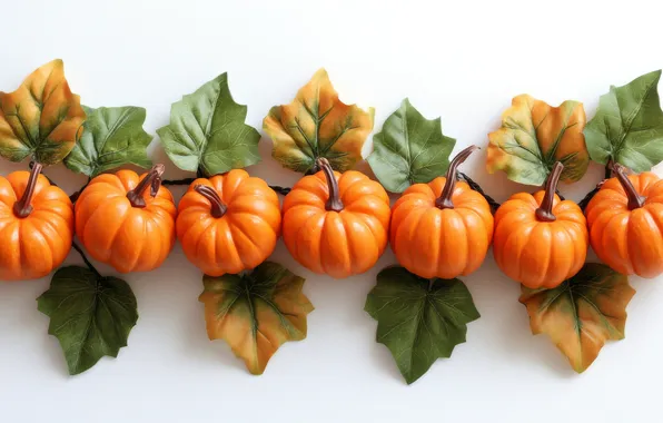 Leaves, pumpkin, white background, a lot, composition, AI art, neural network