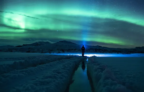 Winter, the sky, stars, light, snow, mountains, night, reflection
