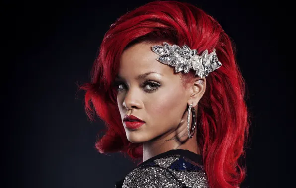 Picture earrings, singer, Rihanna, red hair