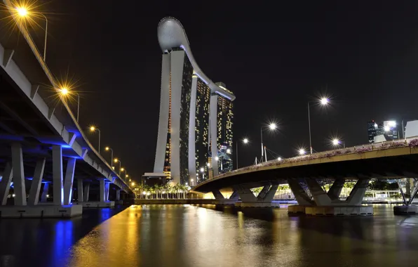 Lights, Bridge, Night, The city, Ship, Singapore, Skyscraper