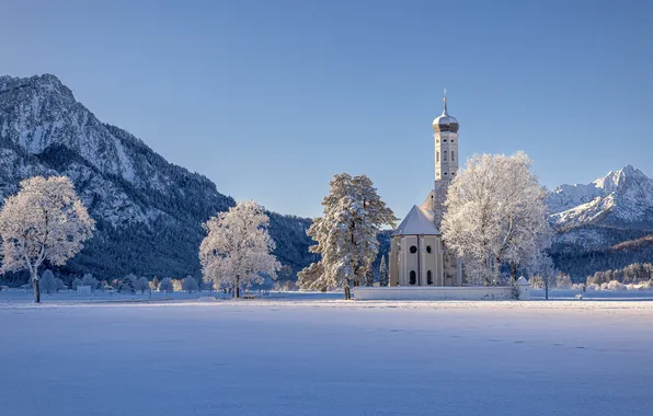 Winter, frost, field, light, snow, trees, mountains, nature