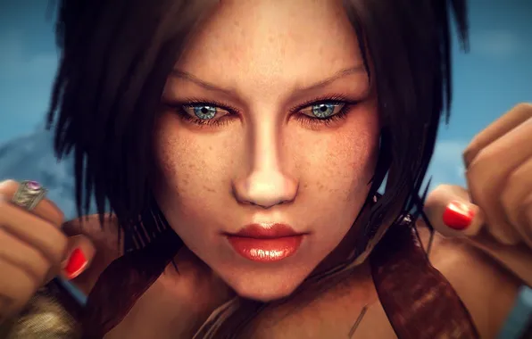 Picture eyes, girl, the game, red, beautiful, The Elder Scrolls V Skyrim, red nails