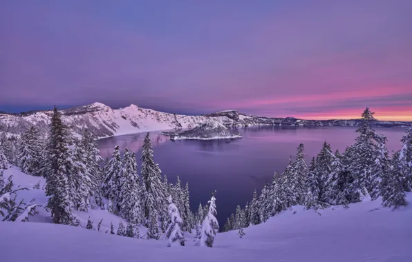 Winter, snow, trees, sunset, mountains, lake, ate, Oregon