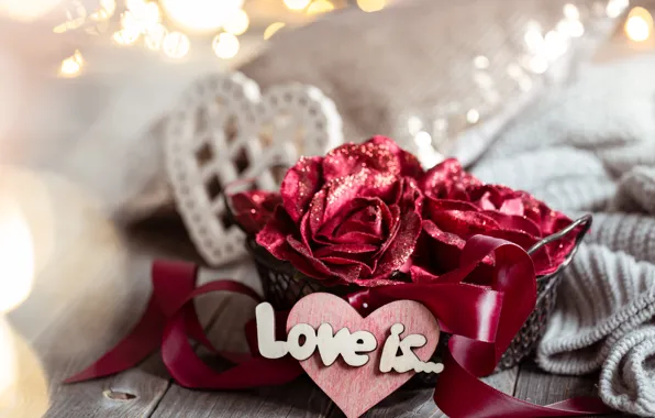 Love, flowers, lights, holiday, the inscription, heart, Shine, roses