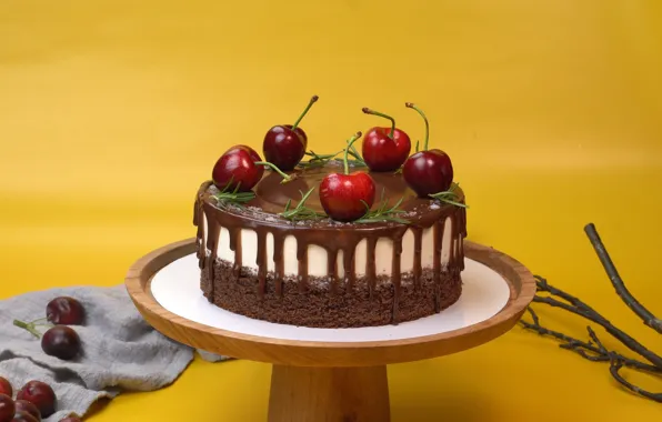 Branches, cherry, berries, cherry, cake, yellow background, dessert, cherry