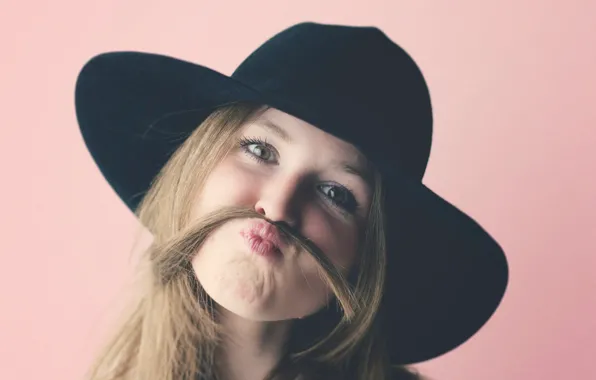 Mustache, girl, face, emotions, hair, hat, girl, hat