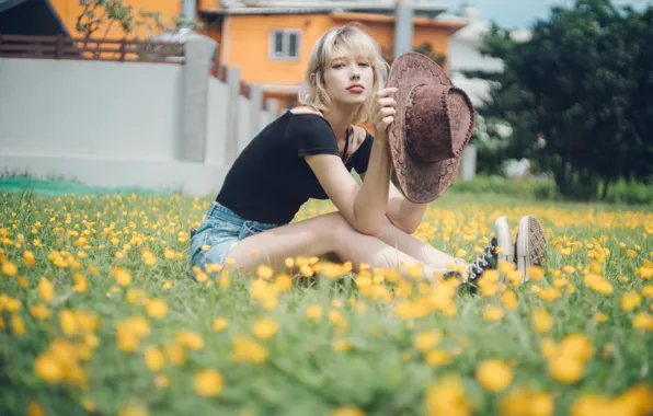 Grass, shorts, Girl, hat, flowers, sitting
