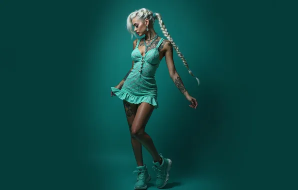 Picture girl, style, blonde, blue background, sundress, braids