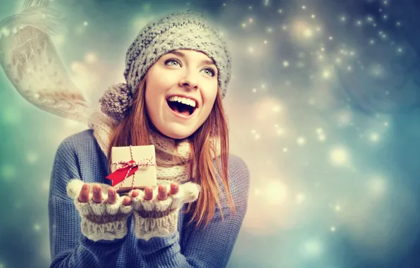 Girl, snow, joy, gift, hat, scarf, sweater, box