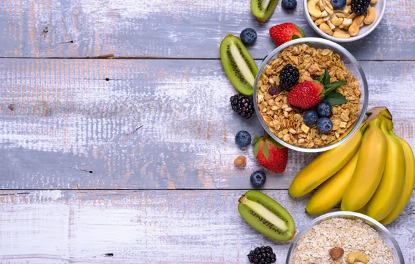 Berries, Breakfast, bananas, nuts, raisins, granola