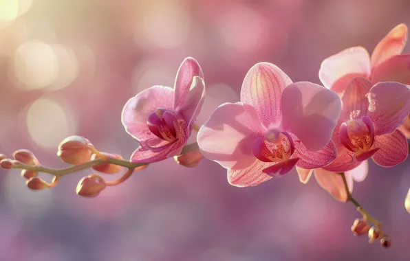 Light, flowers, branch, pink, orchids, buds, pink background, Orchid