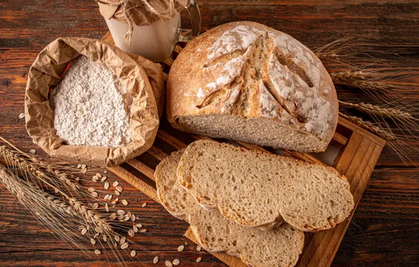 Close-up, Board, milk, bread, Bank, ears, bag, cutting